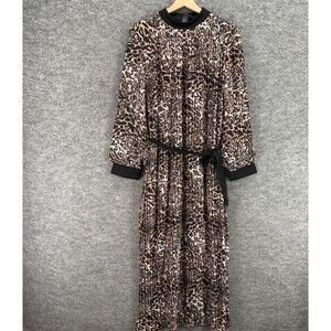 DMN Dress Women 14 Black Animal Print Maxi Long Belted Long Sleeve Crew Neck